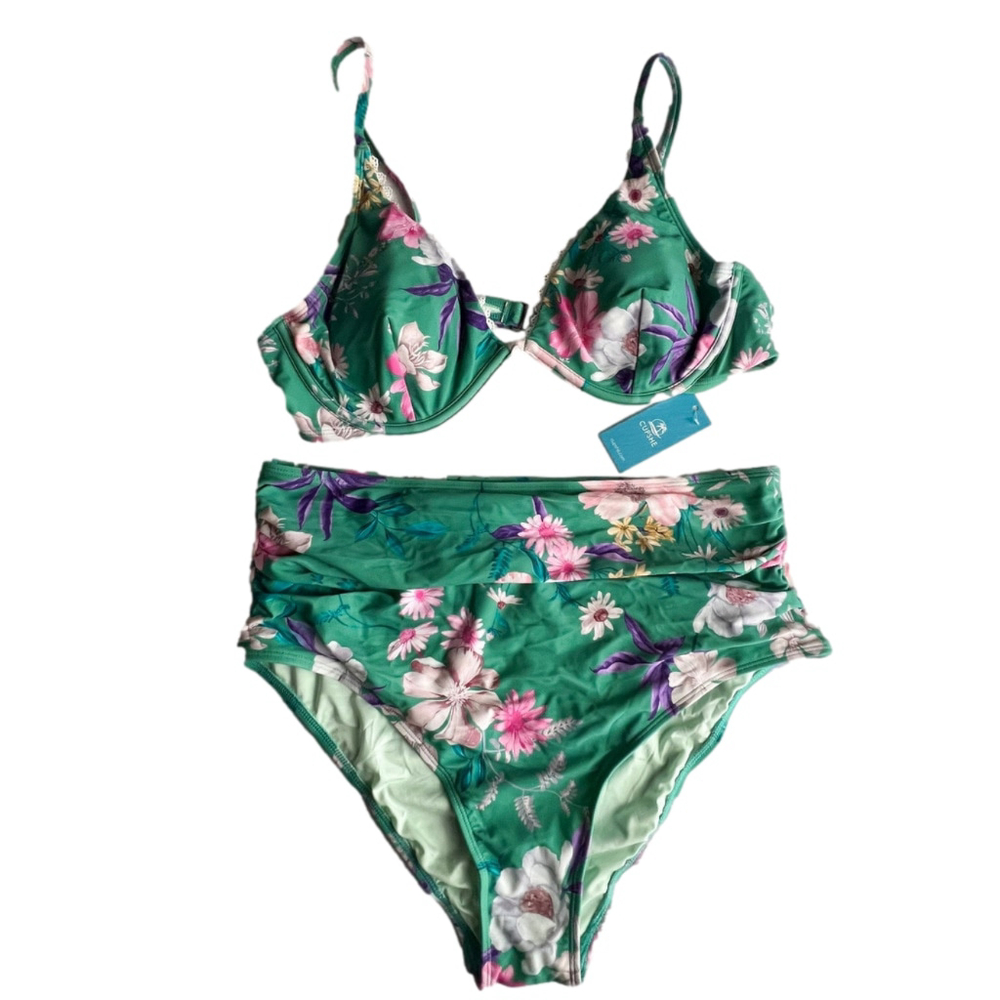 NWT Cupshe Bikini Set Size XL Green Pink Floral High Waisted Underwire Tropical